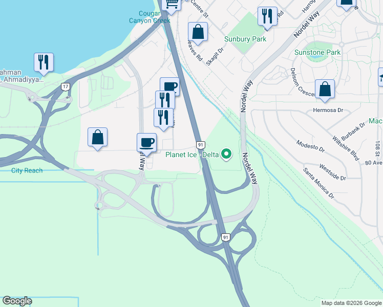 map of restaurants, bars, coffee shops, grocery stores, and more near 10238 Nordel Court in Delta