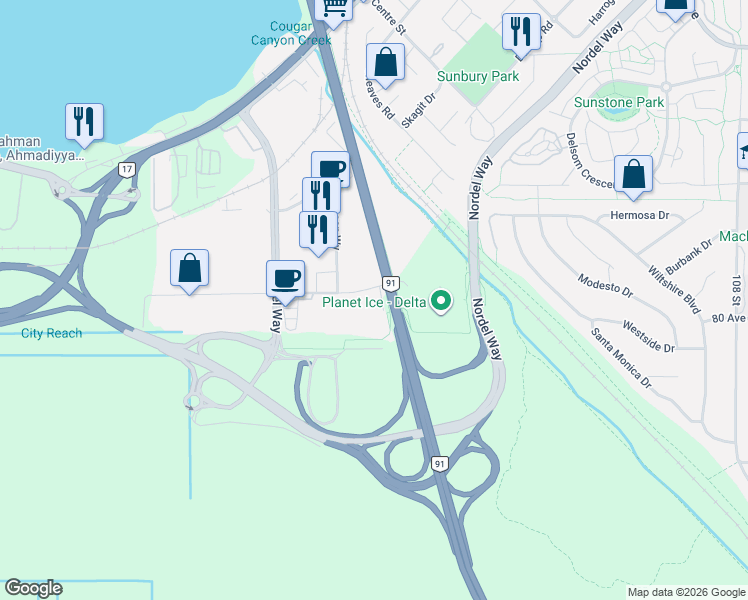 map of restaurants, bars, coffee shops, grocery stores, and more near 10238 Nordel Court in Delta