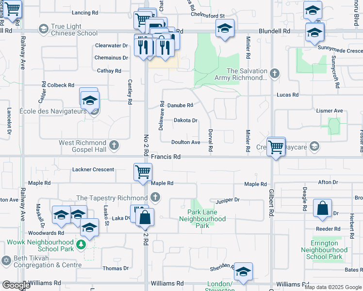 map of restaurants, bars, coffee shops, grocery stores, and more near 6240 Doulton Avenue in Richmond