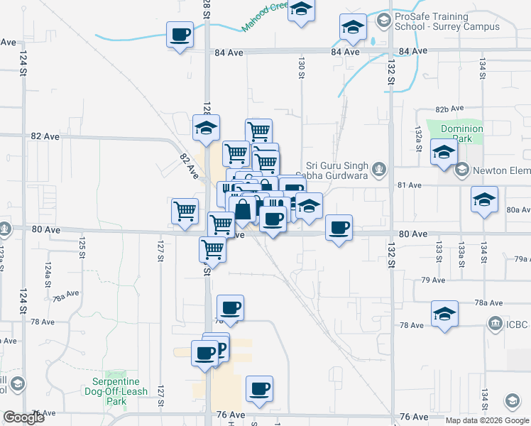 map of restaurants, bars, coffee shops, grocery stores, and more near 12899 80 Avenue in Surrey