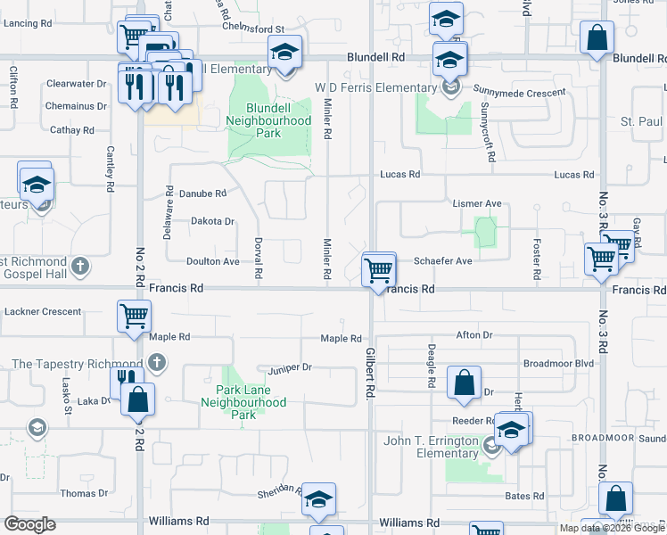 map of restaurants, bars, coffee shops, grocery stores, and more near 8920 Minler Road in Richmond