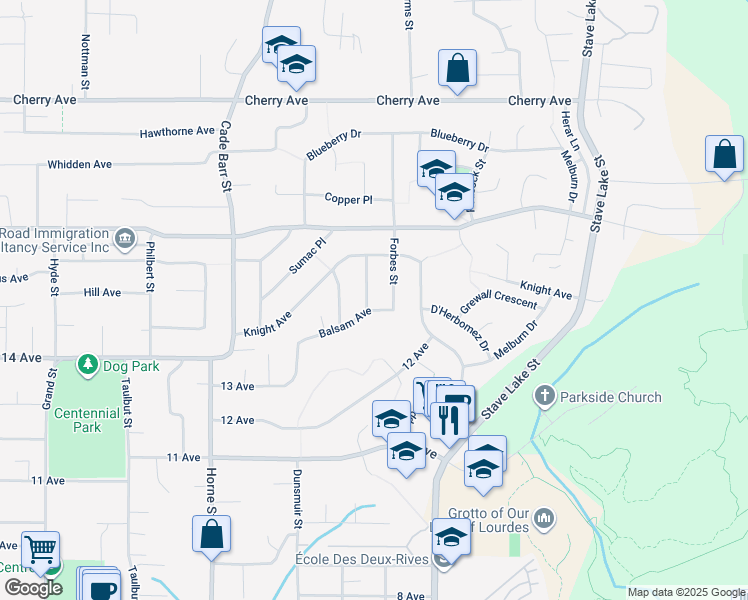 map of restaurants, bars, coffee shops, grocery stores, and more near 8091 Forbes Street in Mission