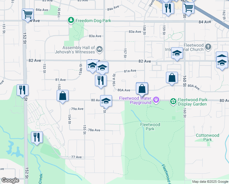 map of restaurants, bars, coffee shops, grocery stores, and more near 15660 80A Avenue in Surrey