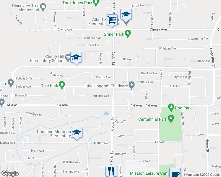 map of restaurants, bars, coffee shops, grocery stores, and more near 32774 Badger Avenue in Mission