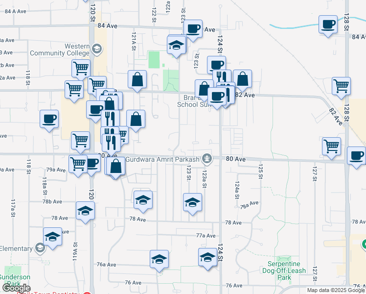 map of restaurants, bars, coffee shops, grocery stores, and more near 8026 122A Street in Surrey