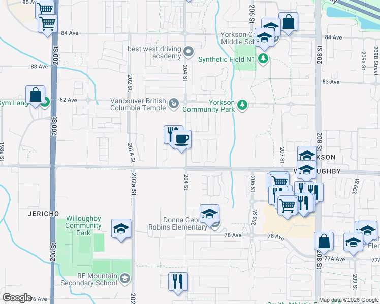 map of restaurants, bars, coffee shops, grocery stores, and more near 8050 204 Street in Langley City