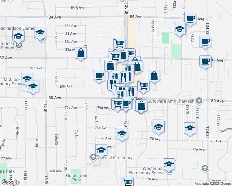 map of restaurants, bars, coffee shops, grocery stores, and more near 11967 80 Avenue in Delta