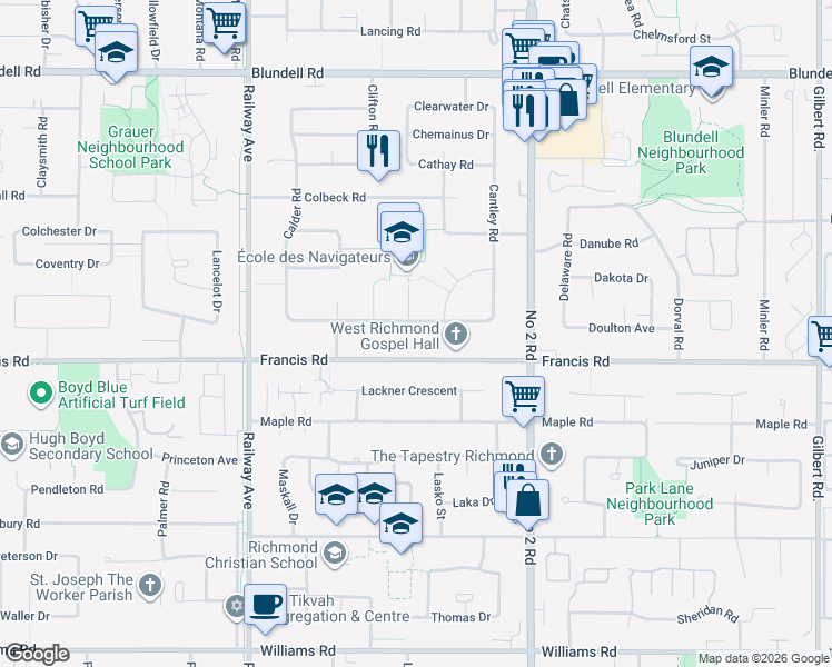 map of restaurants, bars, coffee shops, grocery stores, and more near 5580 Cantrell Road in Richmond