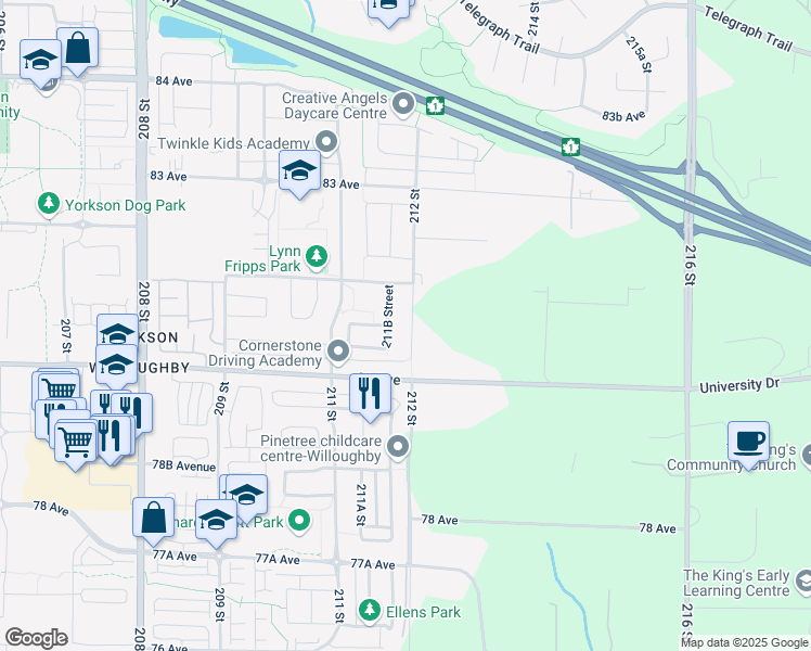 map of restaurants, bars, coffee shops, grocery stores, and more near 8073 212 Street in Langley Township