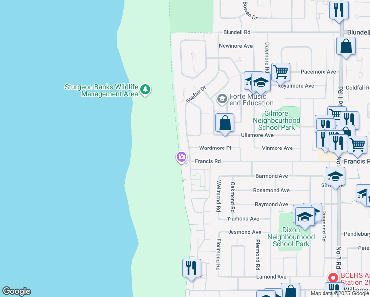 map of restaurants, bars, coffee shops, grocery stores, and more near 8711 Seafair Drive in Richmond