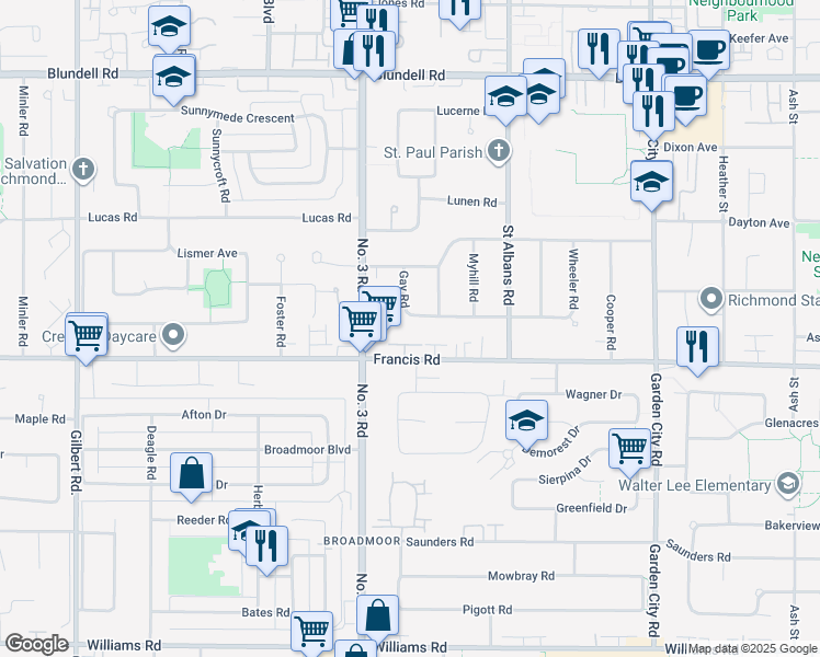 map of restaurants, bars, coffee shops, grocery stores, and more near 8100 Robinson Road in Richmond