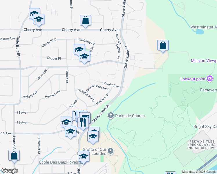 map of restaurants, bars, coffee shops, grocery stores, and more near 33833 Grewall Crescent in Mission