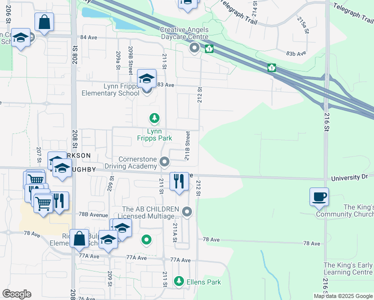 map of restaurants, bars, coffee shops, grocery stores, and more near 7841 211B Street in Langley