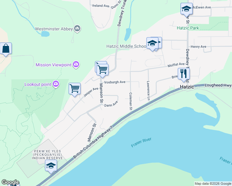 map of restaurants, bars, coffee shops, grocery stores, and more near 34597 Ferguson Avenue in Mission
