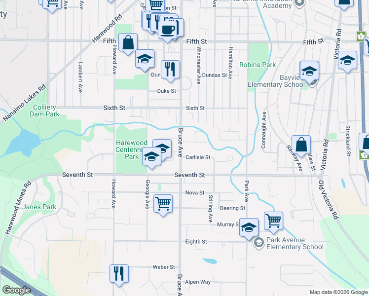 map of restaurants, bars, coffee shops, grocery stores, and more near 728 Bruce Avenue in Nanaimo