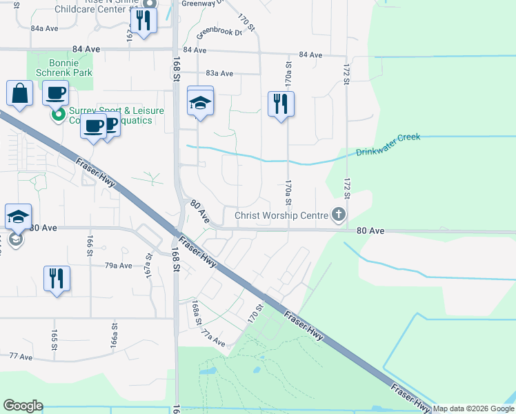 map of restaurants, bars, coffee shops, grocery stores, and more near 16958 80A- Avenue Frontage Road in Surrey