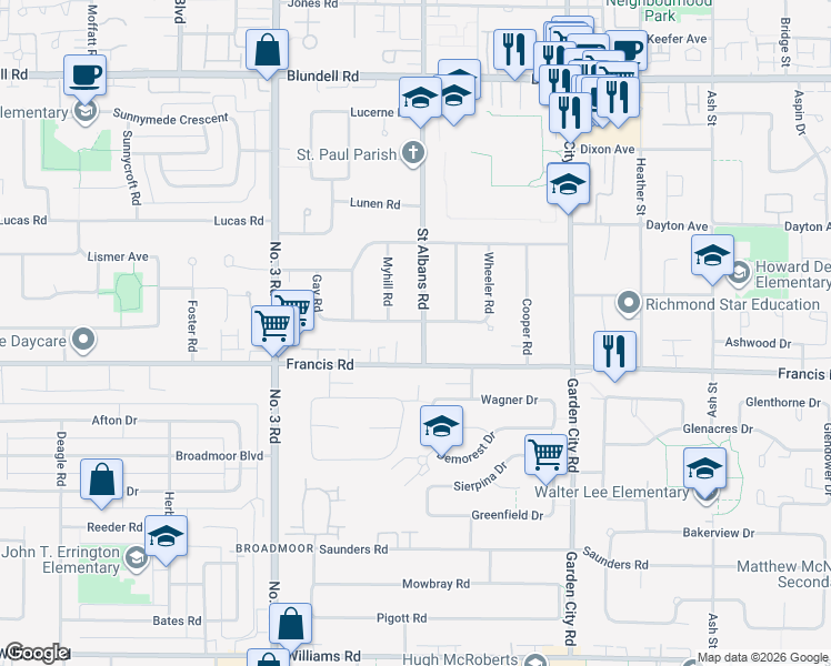 map of restaurants, bars, coffee shops, grocery stores, and more near in Richmond