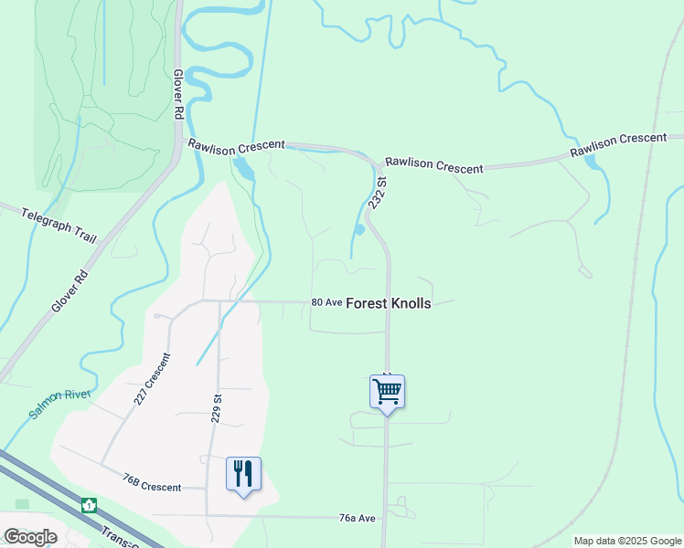 map of restaurants, bars, coffee shops, grocery stores, and more near 8058 231 Street in Langley Township