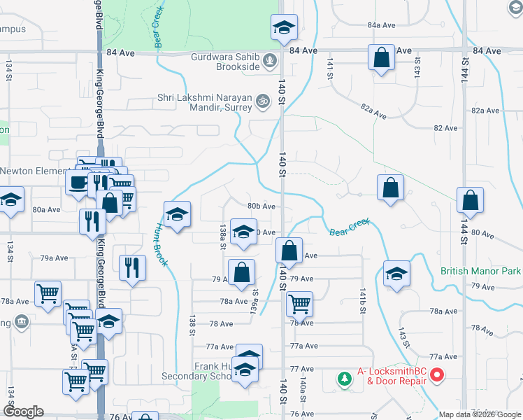 map of restaurants, bars, coffee shops, grocery stores, and more near 13954 80B Avenue in Surrey