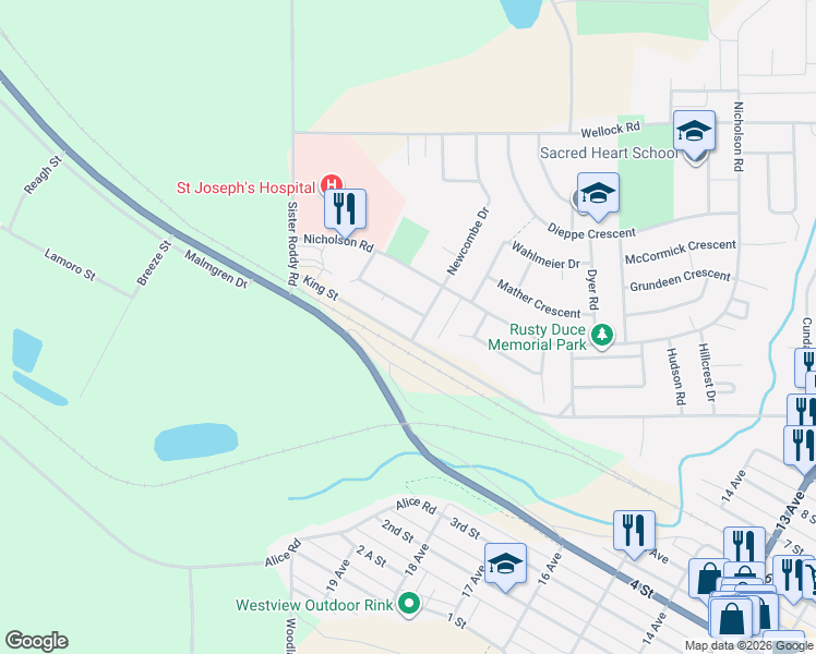 map of restaurants, bars, coffee shops, grocery stores, and more near 1159 Taisey Crescent in Estevan