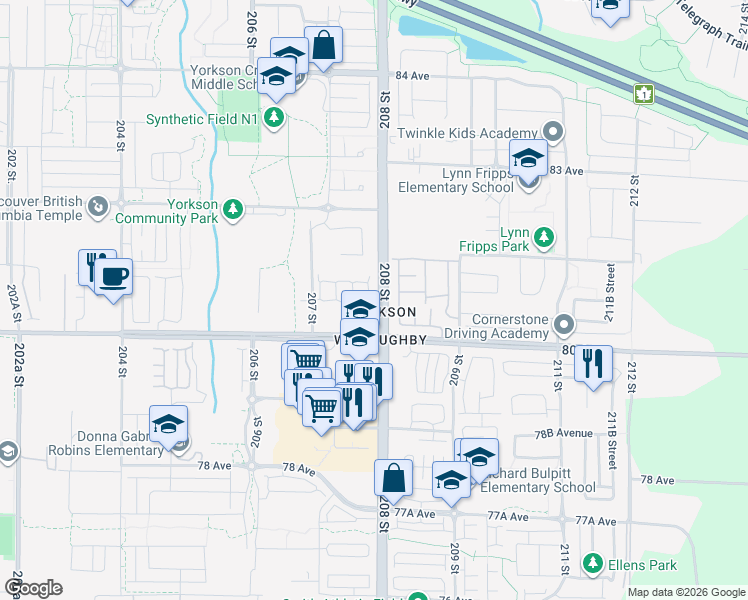 map of restaurants, bars, coffee shops, grocery stores, and more near 8068 207 Street in Langley Township