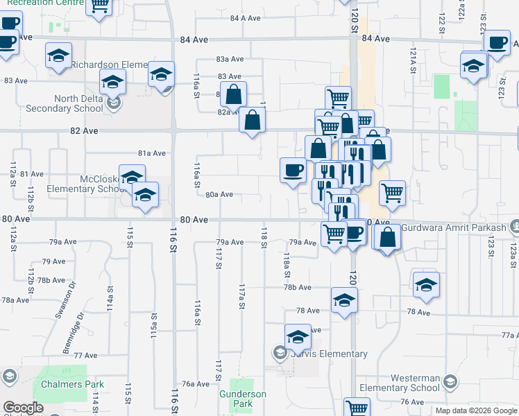 map of restaurants, bars, coffee shops, grocery stores, and more near 11802 80A Avenue in Delta