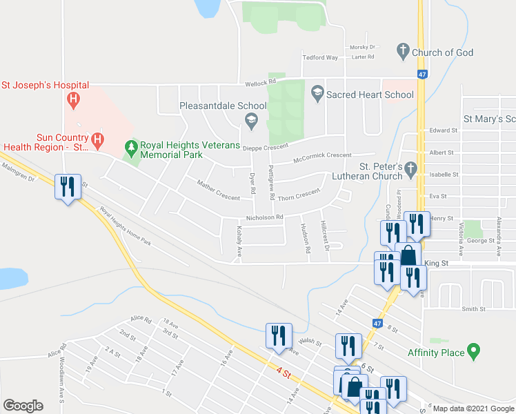 map of restaurants, bars, coffee shops, grocery stores, and more near 1900 Dyer Road in Estevan