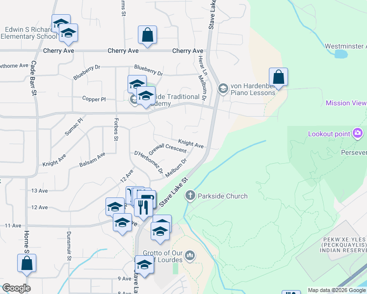 map of restaurants, bars, coffee shops, grocery stores, and more near 33805 Grewall Crescent in Mission