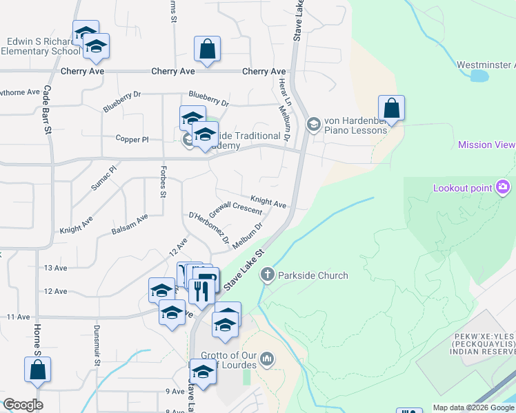 map of restaurants, bars, coffee shops, grocery stores, and more near 33821 Grewall Crescent in Mission