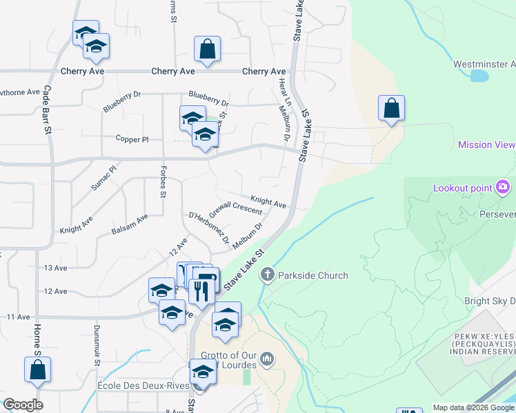 map of restaurants, bars, coffee shops, grocery stores, and more near 33821 Grewall Crescent in Mission