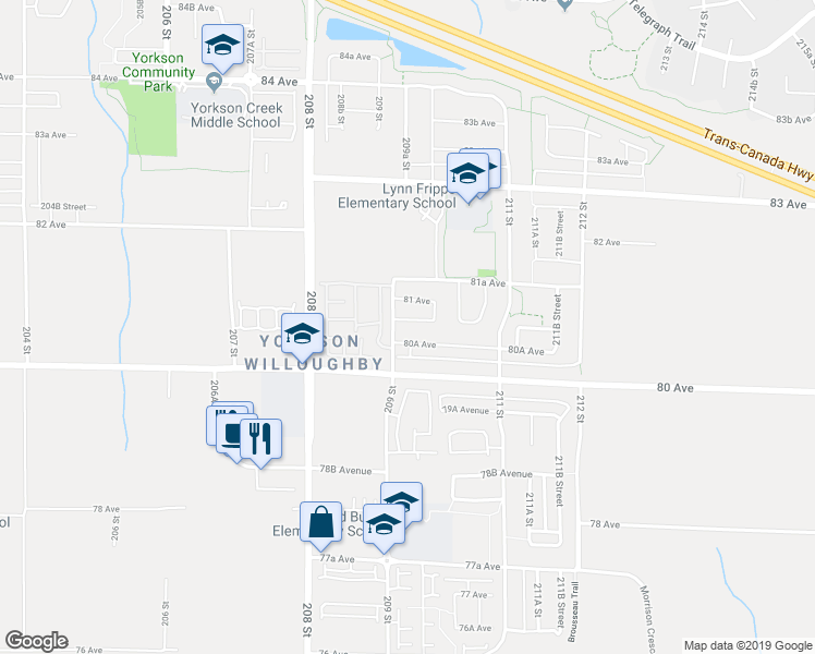 map of restaurants, bars, coffee shops, grocery stores, and more near 20966 80B Avenue in Langley