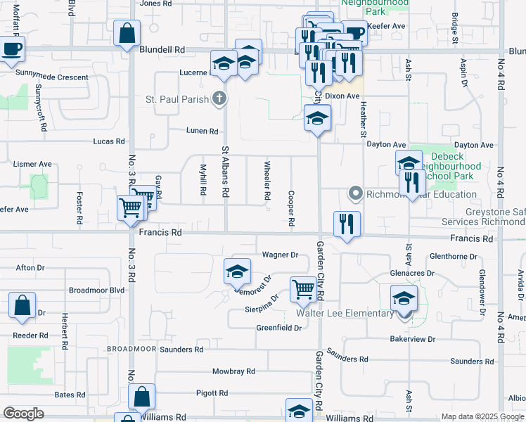 map of restaurants, bars, coffee shops, grocery stores, and more near 8520 Robinson Road in Richmond