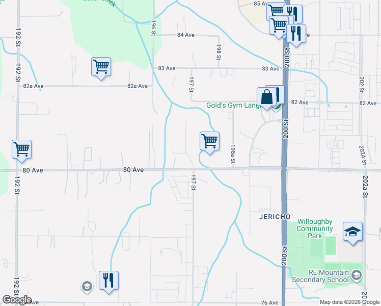 map of restaurants, bars, coffee shops, grocery stores, and more near 8042 197 Street in Langley City