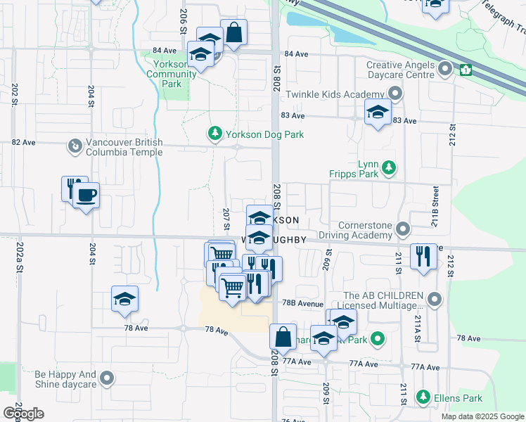 map of restaurants, bars, coffee shops, grocery stores, and more near 8068 207 Street in Langley Township