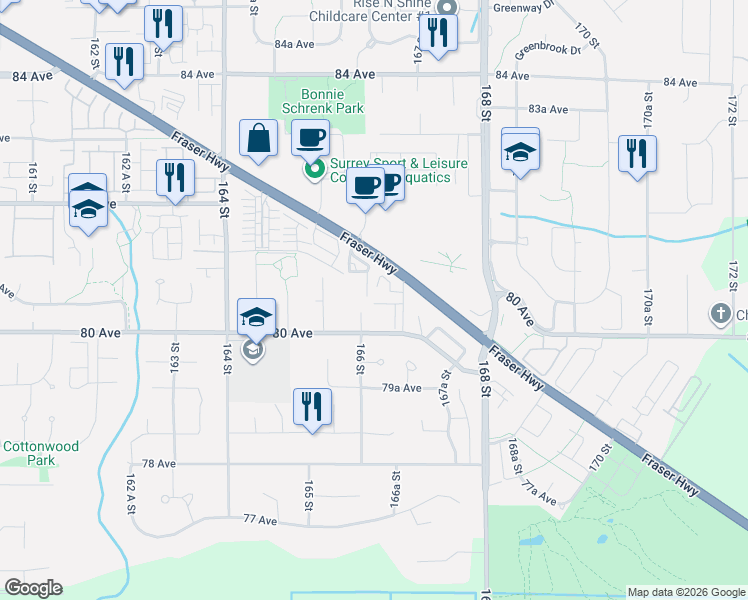 map of restaurants, bars, coffee shops, grocery stores, and more near 8033 166B Street in Surrey