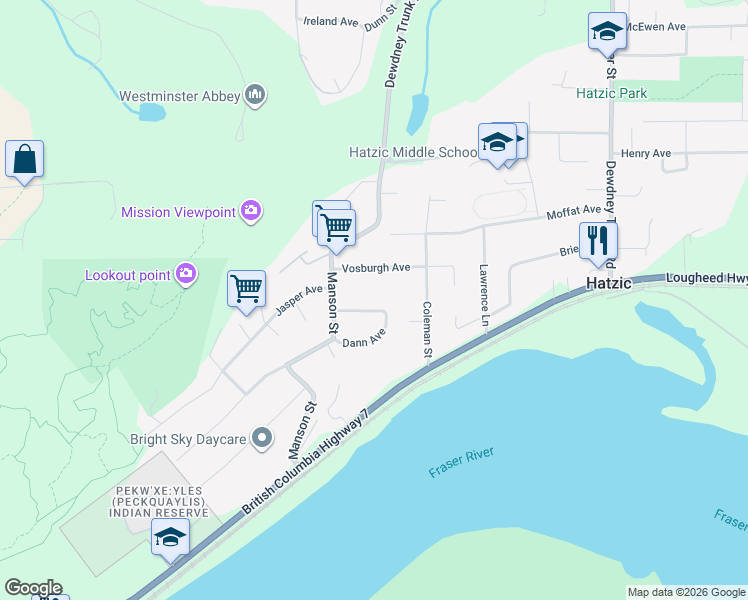 map of restaurants, bars, coffee shops, grocery stores, and more near 34587 Ferguson Avenue in Mission