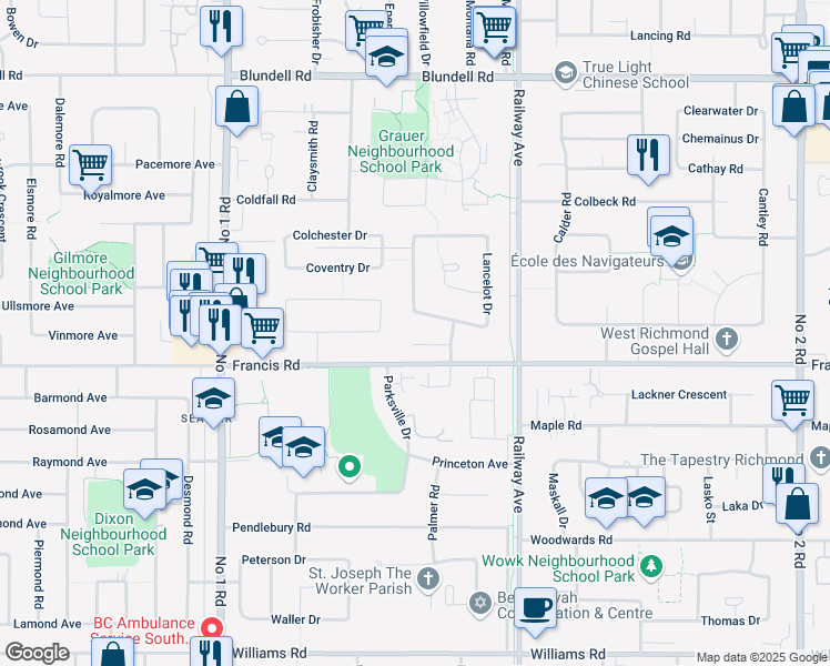 map of restaurants, bars, coffee shops, grocery stores, and more near 4695 Lancelot Court in Richmond