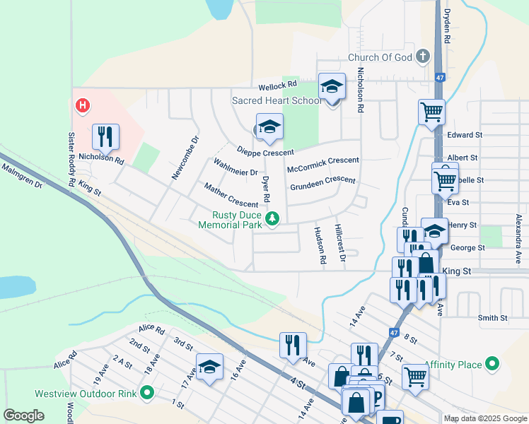 map of restaurants, bars, coffee shops, grocery stores, and more near 1900 Dyer Road in Estevan