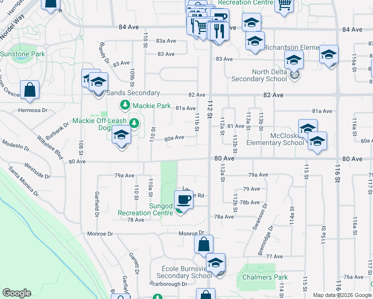map of restaurants, bars, coffee shops, grocery stores, and more near 11132 Pitman Place in Delta