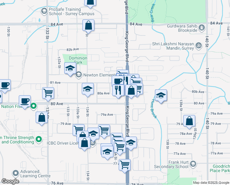 map of restaurants, bars, coffee shops, grocery stores, and more near 13535 80A Avenue in Surrey