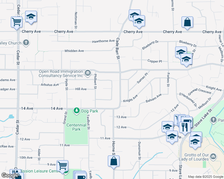 map of restaurants, bars, coffee shops, grocery stores, and more near Brown Crescent in Mission