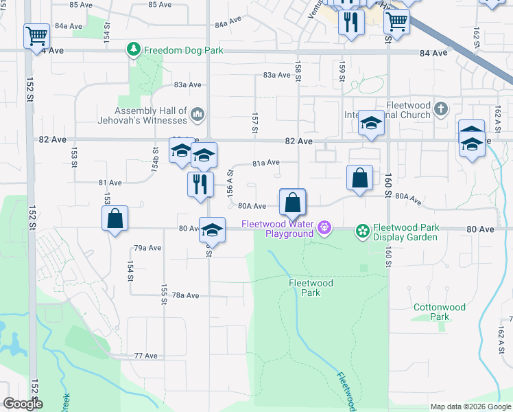 map of restaurants, bars, coffee shops, grocery stores, and more near 157 St & 80a Ave in Surrey
