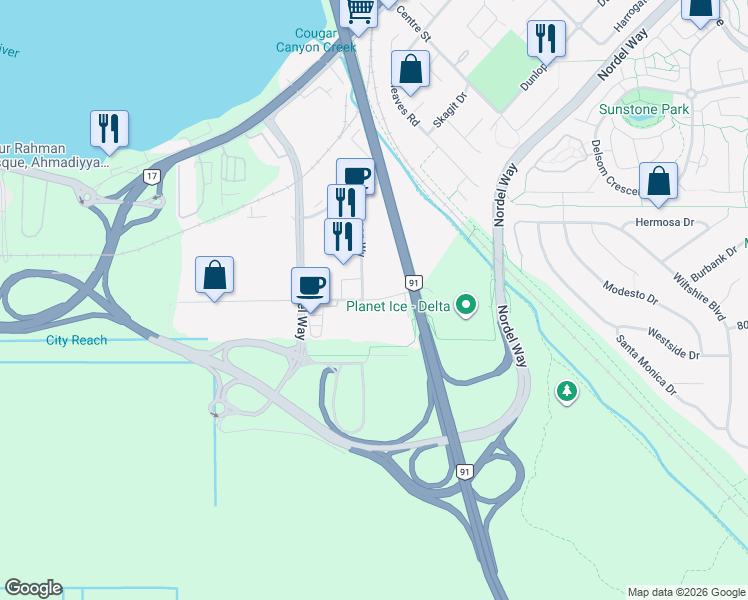 map of restaurants, bars, coffee shops, grocery stores, and more near Nordel Court in Delta
