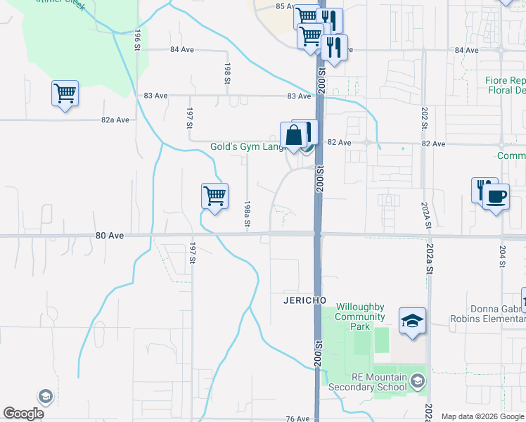 map of restaurants, bars, coffee shops, grocery stores, and more near 8047 199 Street in Langley Township