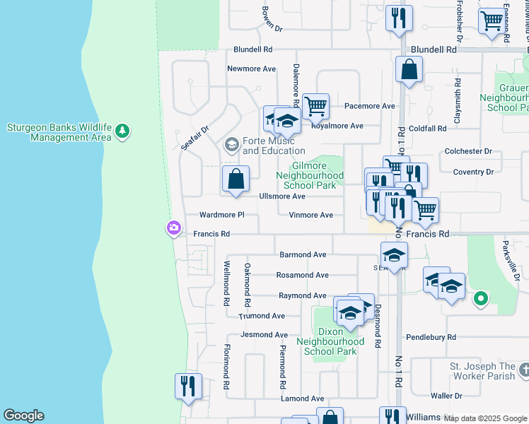 map of restaurants, bars, coffee shops, grocery stores, and more near 8700 Millmore Road in Richmond