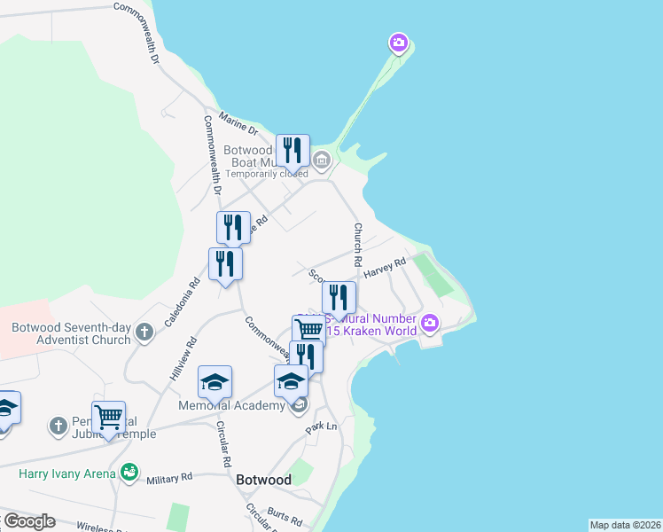 map of restaurants, bars, coffee shops, grocery stores, and more near 1 Guide Road in Botwood