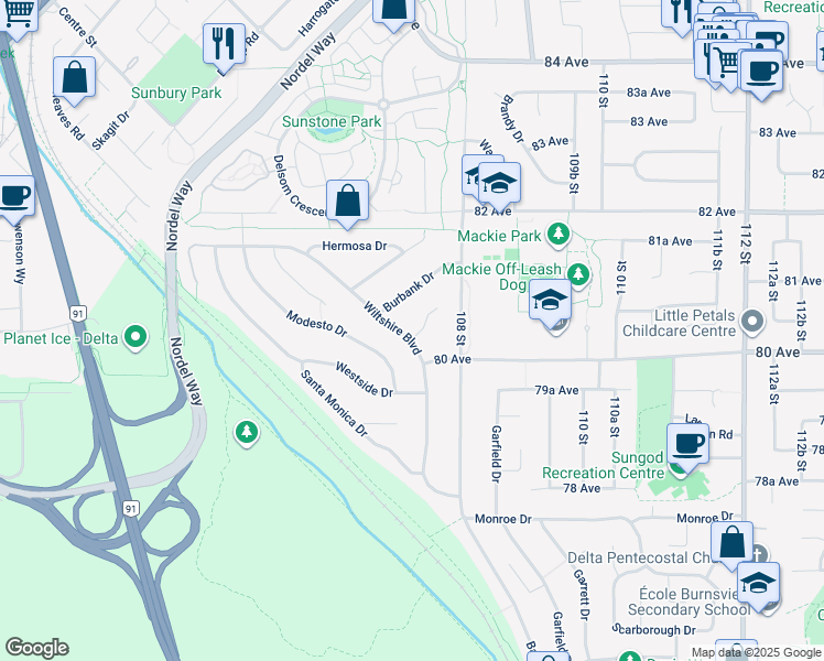 map of restaurants, bars, coffee shops, grocery stores, and more near 10739 Vista Place in Delta