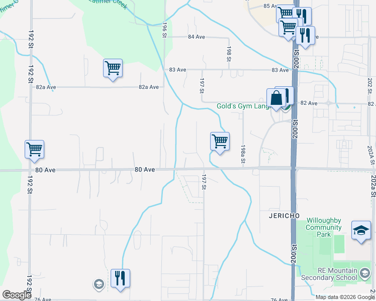 map of restaurants, bars, coffee shops, grocery stores, and more near 8071 197 Street in Langley Township