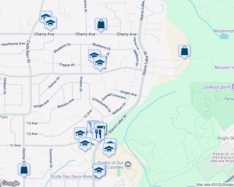 map of restaurants, bars, coffee shops, grocery stores, and more near 33775 Grewall Crescent in Mission