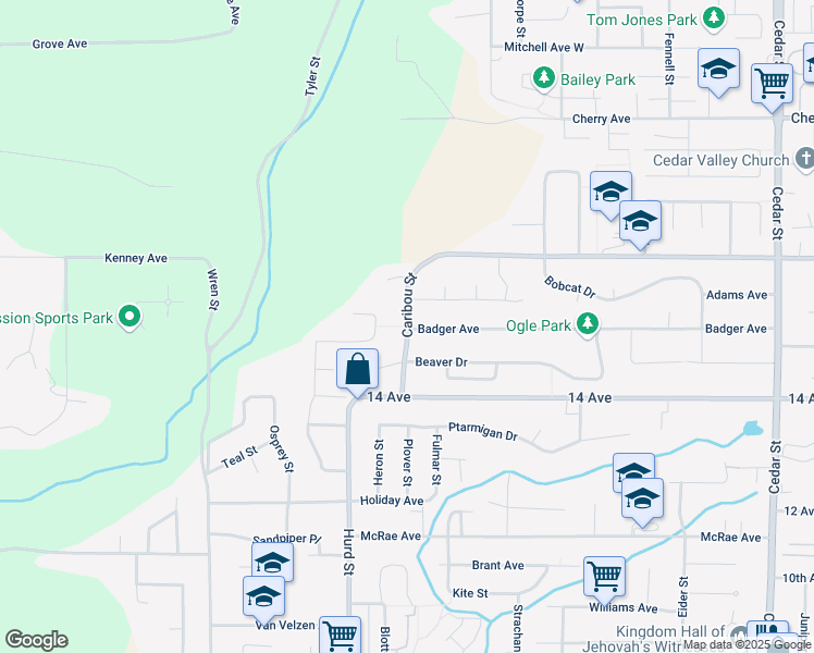map of restaurants, bars, coffee shops, grocery stores, and more near Caribou Street in Mission